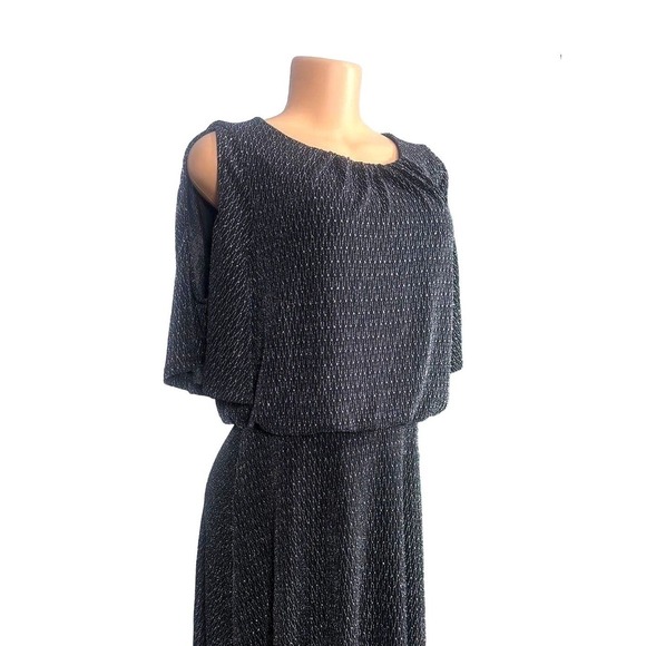 London Times Chic Cold Shoulder Dress Metallic Print Elastic Waist Midi Size XLP - Picture 2 of 6